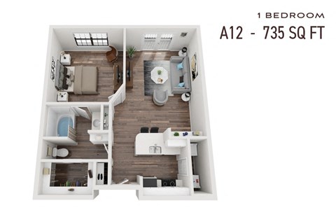 Floor plan for 1 bed, 1 bath, 735 sqft